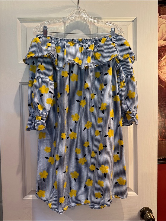 crown & ivy Dresses & Skirts - crown & ivy Blue and Yellow Off-Shoulder Stripe Floral Dress